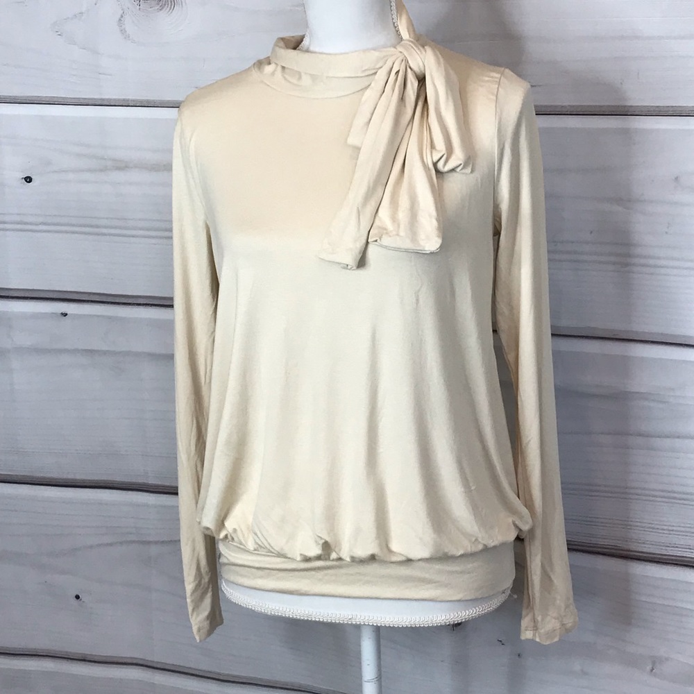 Red Lolly Cream Beige High Neck Blouse | Long Sleeve Bow Tie Neck Top | Size S/M